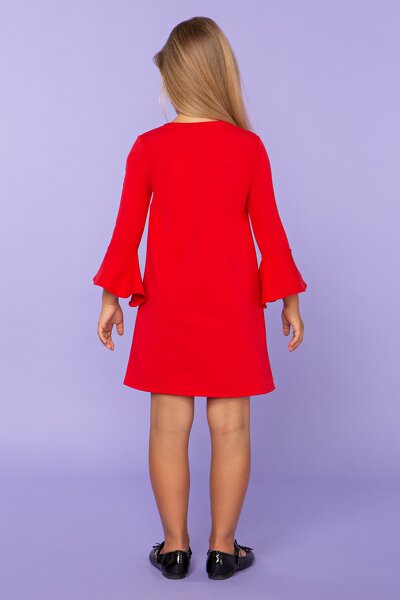 Czerwona sukienka z falbanką przy rękawie dla córki