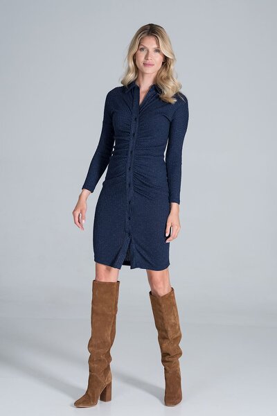 Dopasowana granatowa sukienka midi  z kołnierzykiem