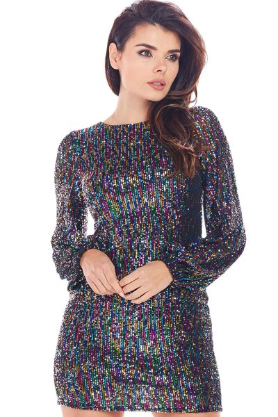 Dopasowana sukienka mini obszyta kolorowymi cekinami