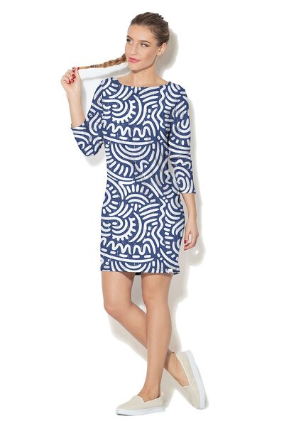 Biało-niebieska sukienka mini z długim rękawem