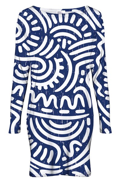 Biało-niebieska sukienka mini z długim rękawem