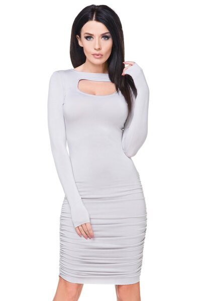 Szara dopasowana sukienka z ozdobnym dekoltem