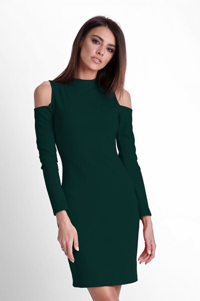 Dopasowana zielona sukienka z niewysoką stójką