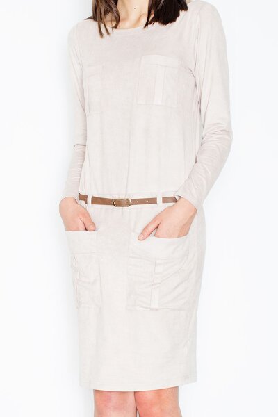 Ołówkowa sukienka z paskiem w beżowym kolorze