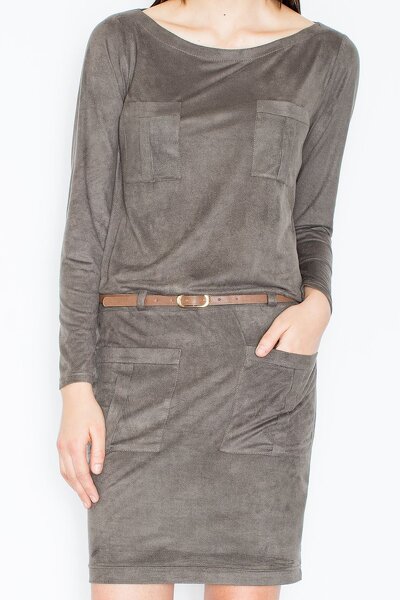 Ołówkowa sukienka z paskiem w oliwkowym kolorze