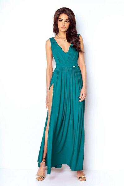 Elegancka zielona sukienka maxi z długim rozcięciem
