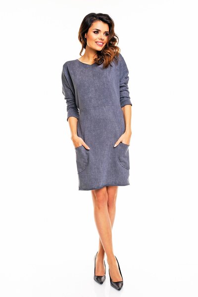 Grafitowa sukienka midi z paskiem i kieszeniami