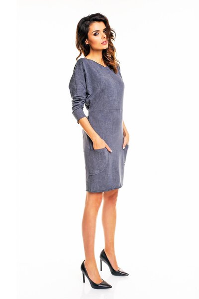 Grafitowa sukienka midi z paskiem i kieszeniami