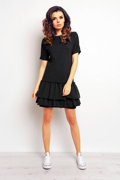 Grafitowa sukienka mini z ozdobną falbanką