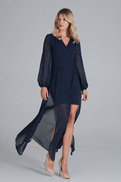 Granatowa sukienka maxi z wierzchnią warstwą z szyfonu