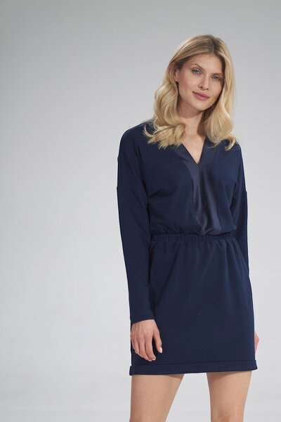 Granatowa sukienka mini z dekoltem w serek i gumką w pasie