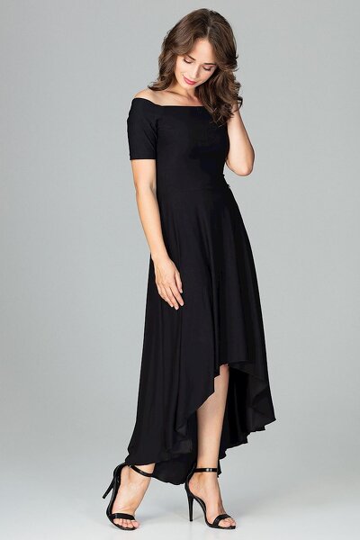 Czarna asymetryczna sukienka z odkrytymi ramionami