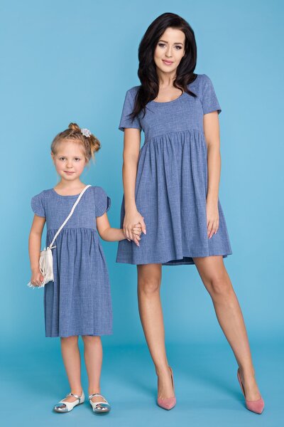 Niebieska sukienka odcinana pod biustem, sukienka mama i córka
