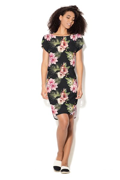 Czarna sukienka do kolan w kwiecisty wzór