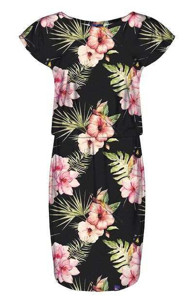 Czarna sukienka do kolan w kwiecisty wzór