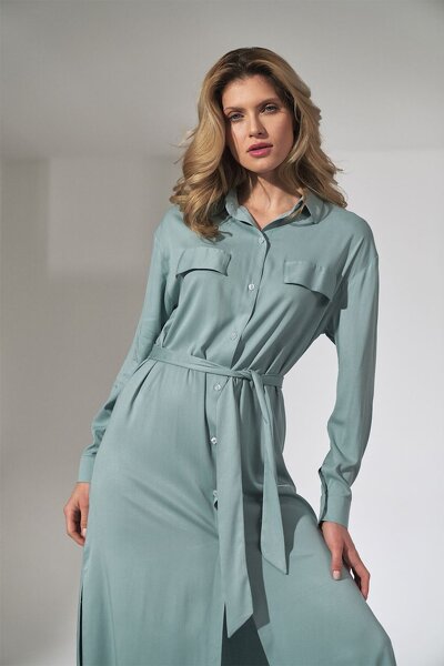 Koszulowa sukienka maxi w kolorze mięty z kołnierzykiem