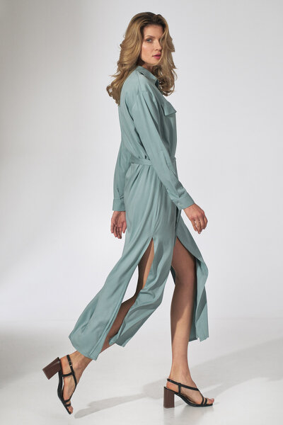Koszulowa sukienka maxi w kolorze mięty z kołnierzykiem