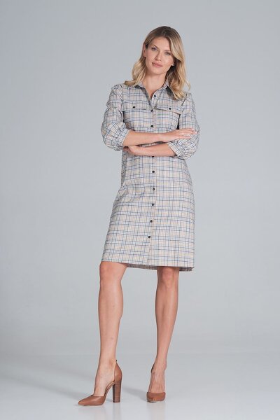 Koszulowa sukienka midi w drobną kratkę z kołnierzykiem