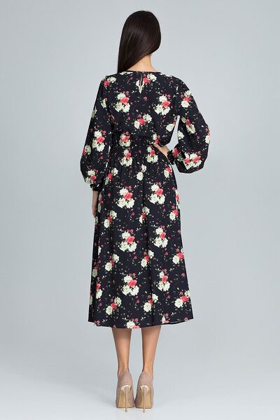 Czarna sukienka maxi z gumką w pasie w kwiaty