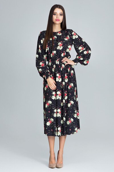 Czarna sukienka maxi z gumką w pasie w kwiaty