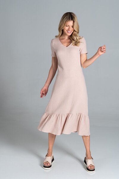 Lekka beżowa sukienka z krótkim rękawem i falbanką