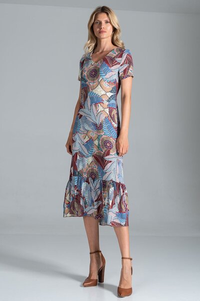 Lekka wzorzysta sukienka z falbanką