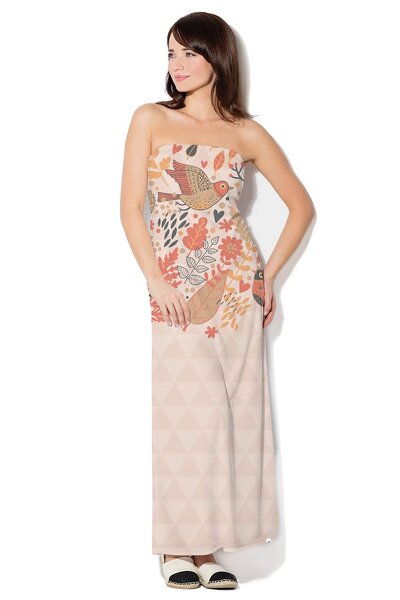 Kremowa sukienka maxi z ptakiem