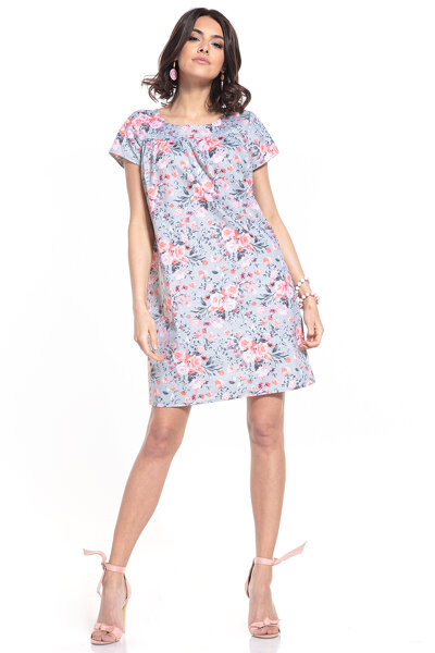 Letnia prosta sukienka mini w drobne róże na szarym tle