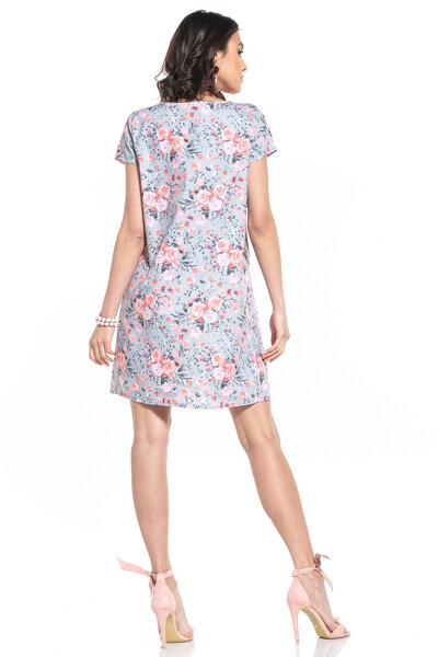 Letnia prosta sukienka mini w drobne róże na szarym tle