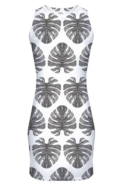 Jasna sukienka mini z czarnymi liśćmi