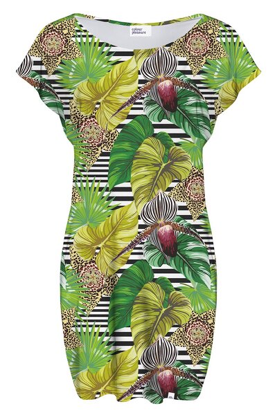 Luźna zielona sukienka w egzotyczne rośliny