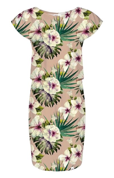 Sukienka w kwiaty na jasno beżowym tle