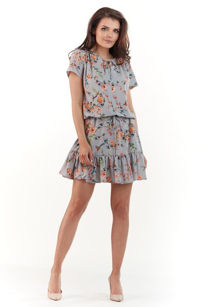 Letnia szara sukienka mini z ozdobnym wiązaniem