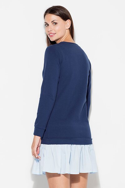 Granatowa sukienka z falbaną i długim rękawem