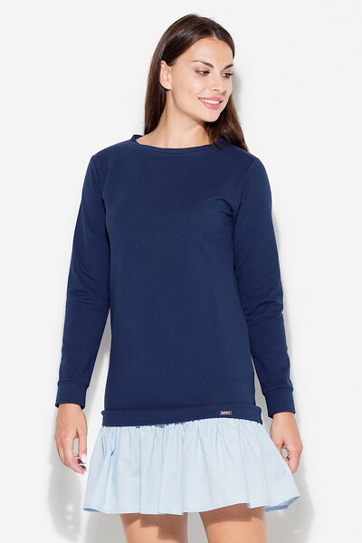 Granatowa sukienka z falbaną i długim rękawem