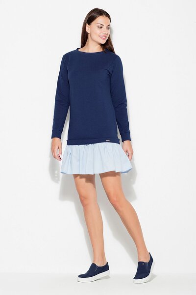 Granatowa sukienka z falbaną i długim rękawem