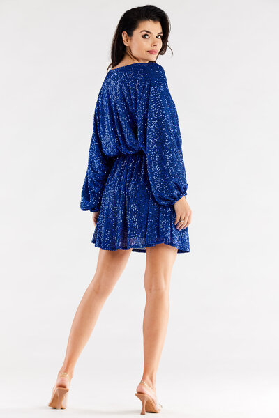 Luźna niebieska sukienka mini  w jednym rozmiarze z cekinami