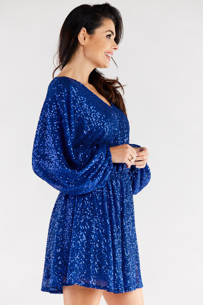 Luźna niebieska sukienka mini  w jednym rozmiarze z cekinami