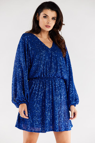 Luźna niebieska sukienka mini  w jednym rozmiarze z cekinami