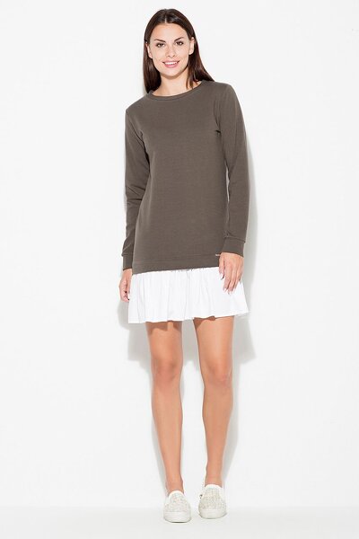 Oliwkowa sukienka z falbaną i długim rękawem