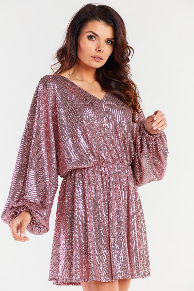 Luźna różowa sukienka mini  w jednym rozmiarze z cekinami