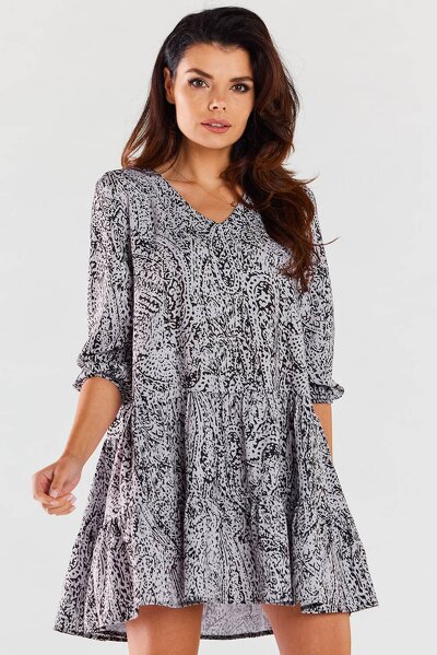 Luźna sukienka mini w czarną panterkę z rękawem 3/4