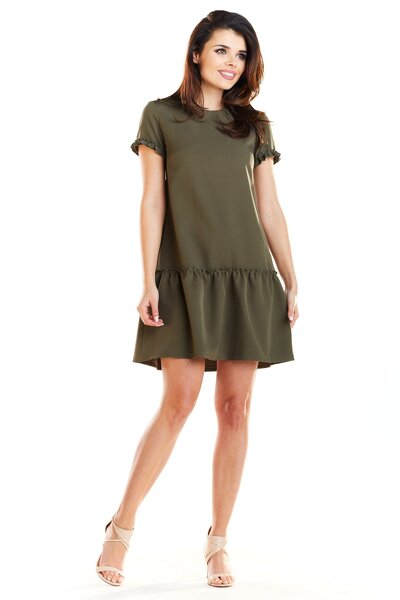 Luźna sukienka w kolorze khaki z falbaną