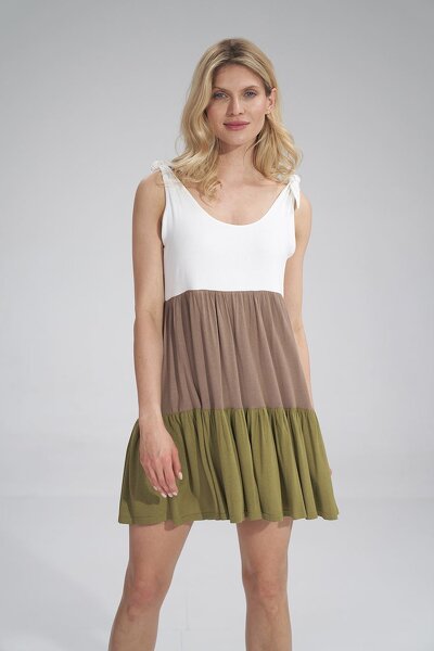 Luźna sukienka wiązana na ramionach w kolorze oliwkowym, mocca i ecru