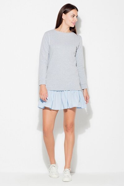 Szara sukienka z falbaną i długim rękawem