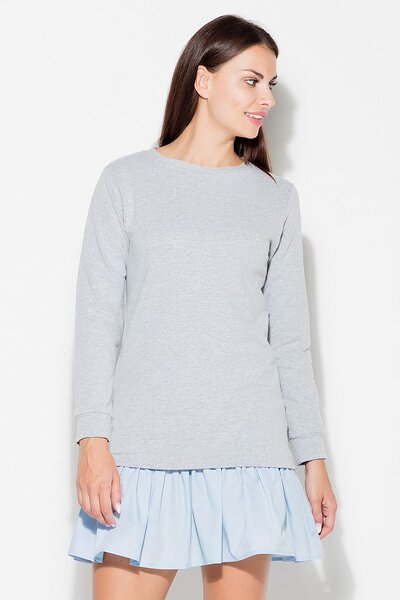 Szara sukienka z falbaną i długim rękawem