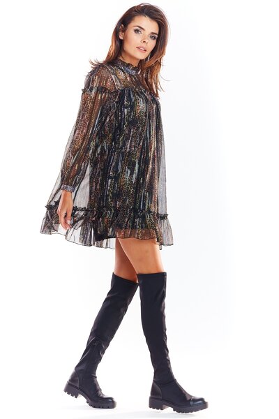 Luźna wzorzysta sukienka mini z szyfonu  z długim rękawem