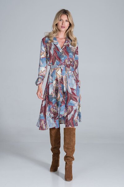 Luźna wzorzysta sukienka z żakietowym kołnierzykiem