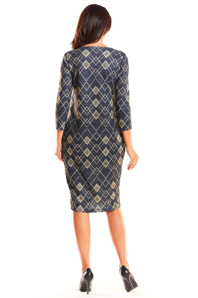 Modna luźna sukienka midi z wzorem w złote romby