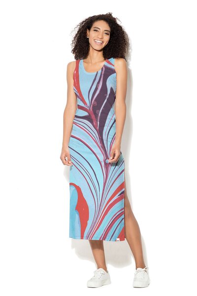 Niebiesko-czerwona sukienka maxi na ramiączkach